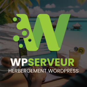 Professionnel effectuant la gestion de serveur WordPress sur un ordinateur portable sur une plage en Polynésie avec un kiwi visible, illustrant le travail à distance dans un cadre idyllique.